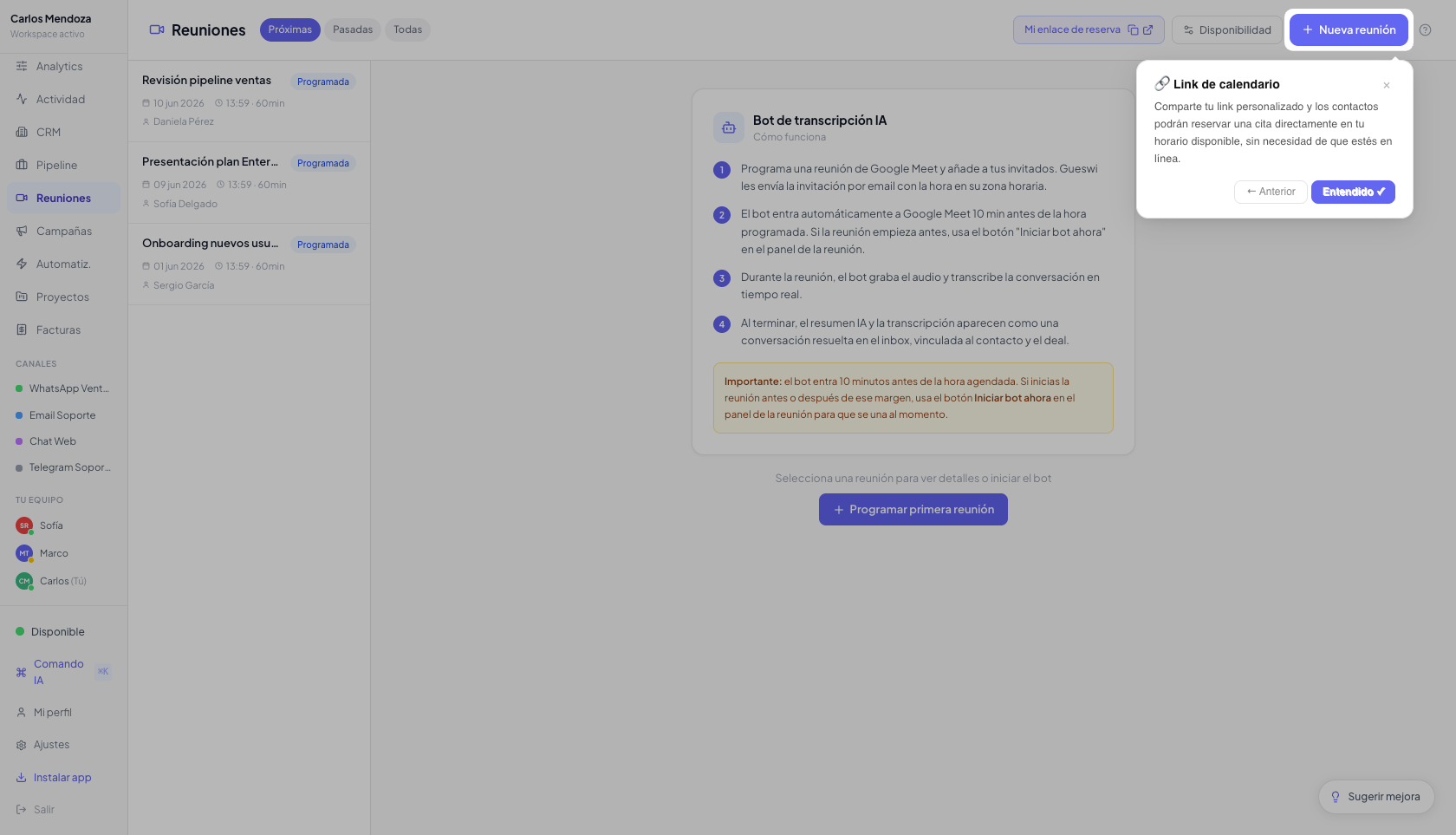 Reuniones — link de calendario